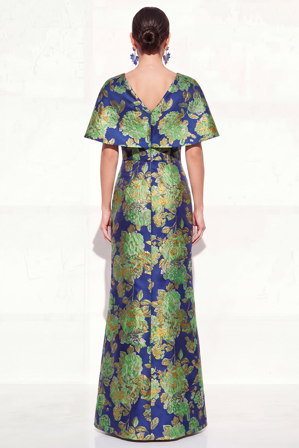 Floral Pink Blue V-Neck Long Mother of the Bride Dress with Sleeves