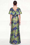 Floral Pink Blue V-Neck Long Mother of the Bride Dress with Sleeves