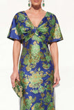 Floral Pink Blue V-Neck Long Mother of the Bride Dress with Sleeves