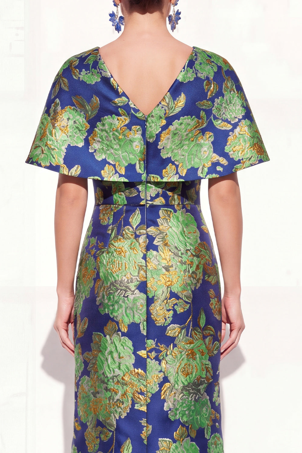 Floral Pink Blue V-Neck Long Mother of the Bride Dress with Sleeves