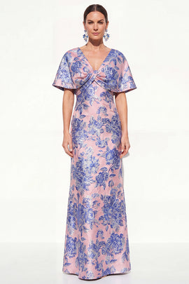 Floral Pink Blue V-Neck Long Mother of the Bride Dress with Sleeves