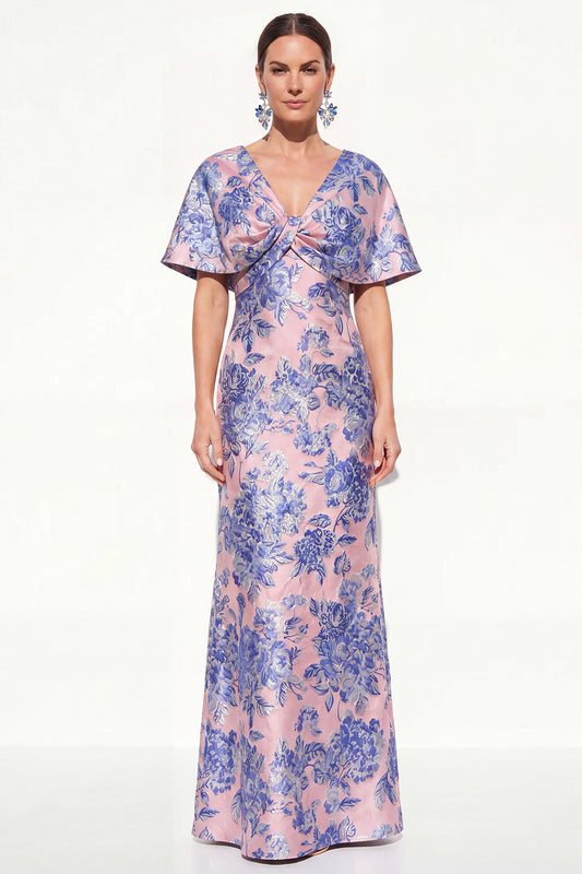 Floral Pink Blue V-Neck Long Mother of the Bride Dress with Sleeves