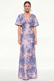 Floral Pink Blue V-Neck Long Mother of the Bride Dress with Sleeves