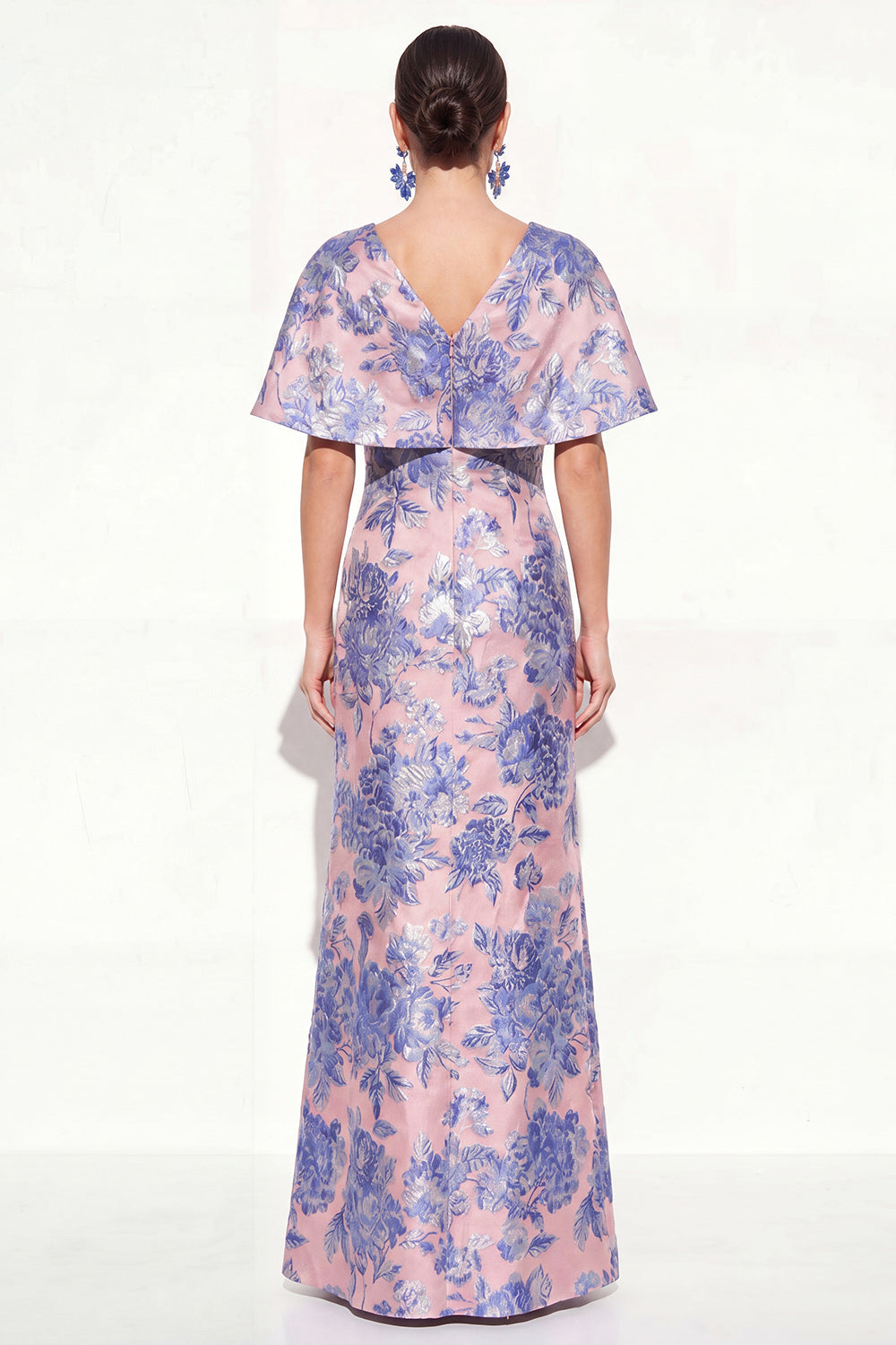 Floral Pink Blue V-Neck Long Mother of the Bride Dress with Sleeves