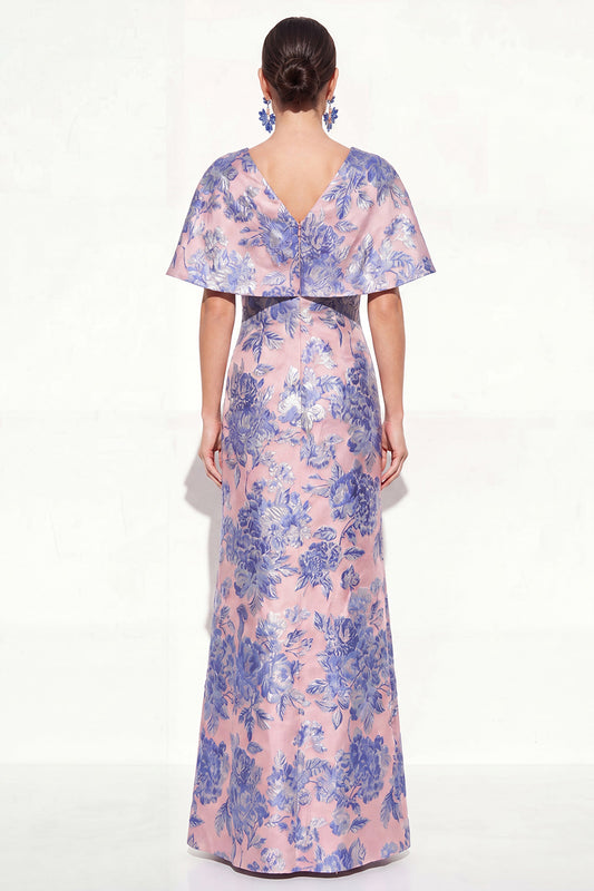 Floral Pink Blue V-Neck Long Mother of the Bride Dress with Sleeves