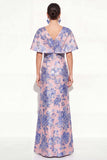 Floral Pink Blue V-Neck Long Mother of the Bride Dress with Sleeves