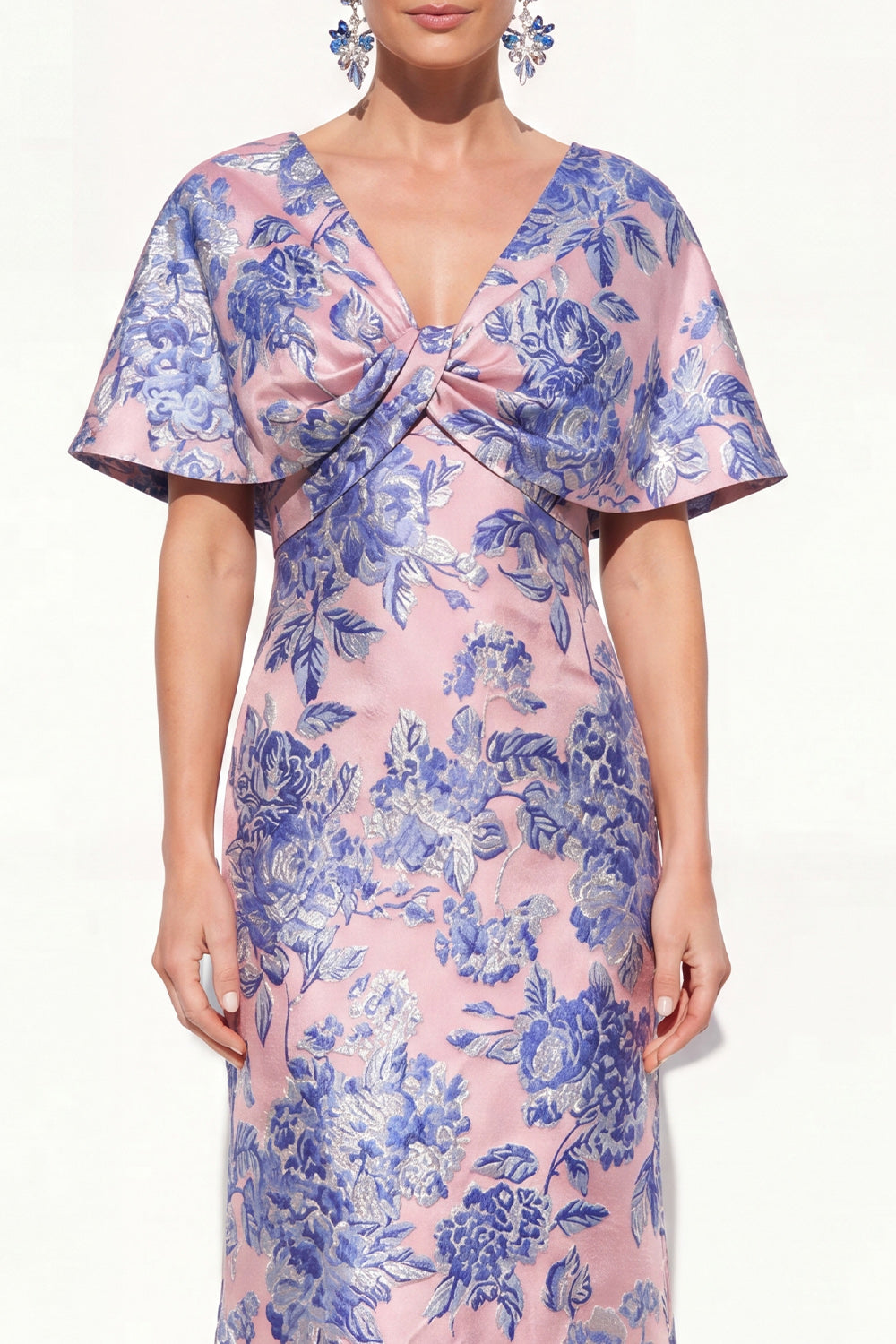 Floral Pink Blue V-Neck Long Mother of the Bride Dress with Sleeves