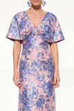 Floral Pink Blue V-Neck Long Mother of the Bride Dress with Sleeves