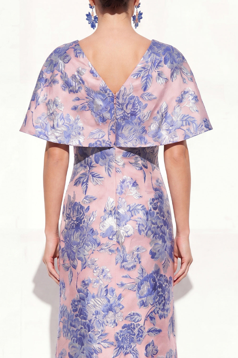 Floral Pink Blue V-Neck Long Mother of the Bride Dress with Sleeves
