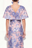 Floral Pink Blue V-Neck Long Mother of the Bride Dress with Sleeves