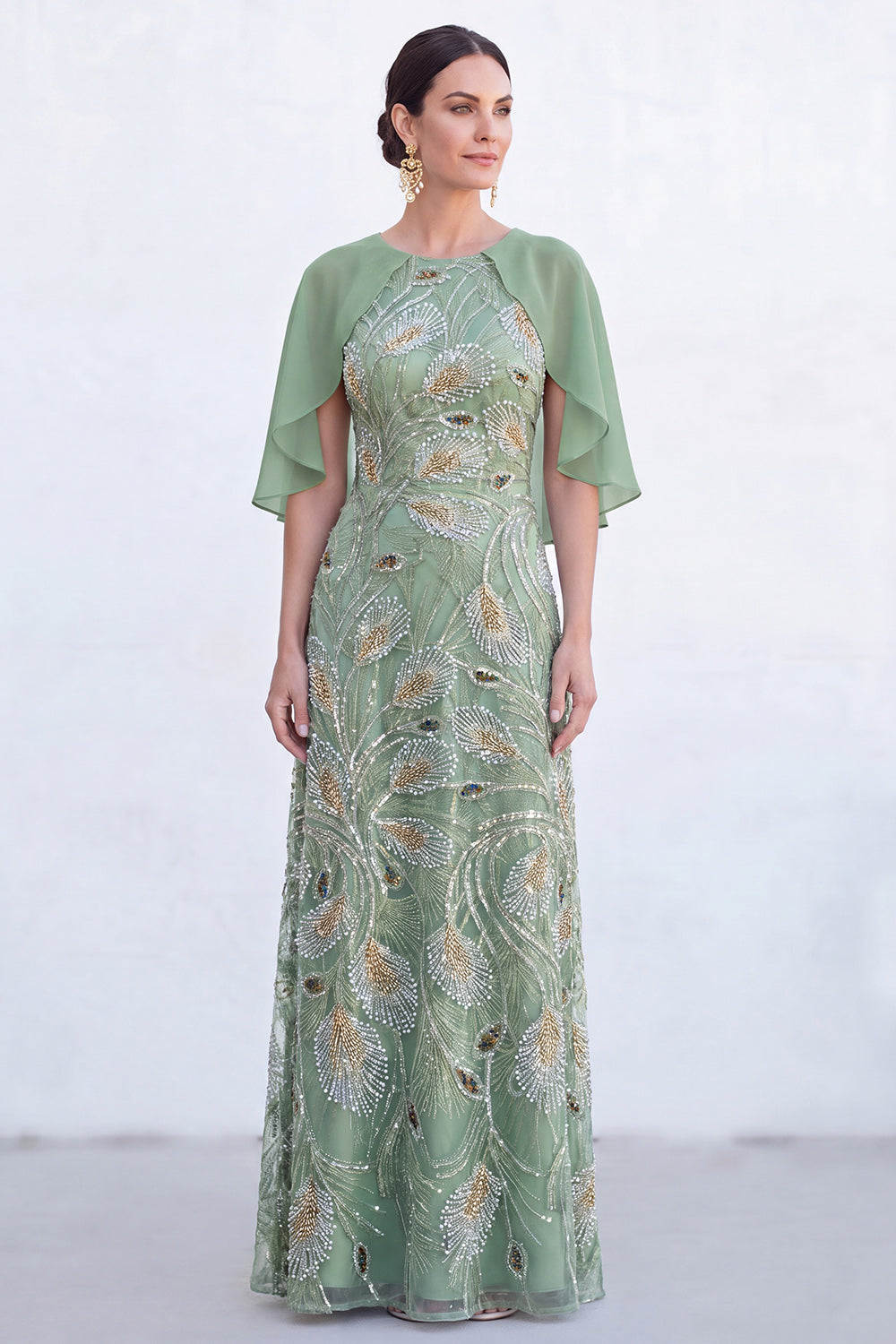 Sparkly Floral Green Boat Neck Long Mother of the Bride Dress with Cape