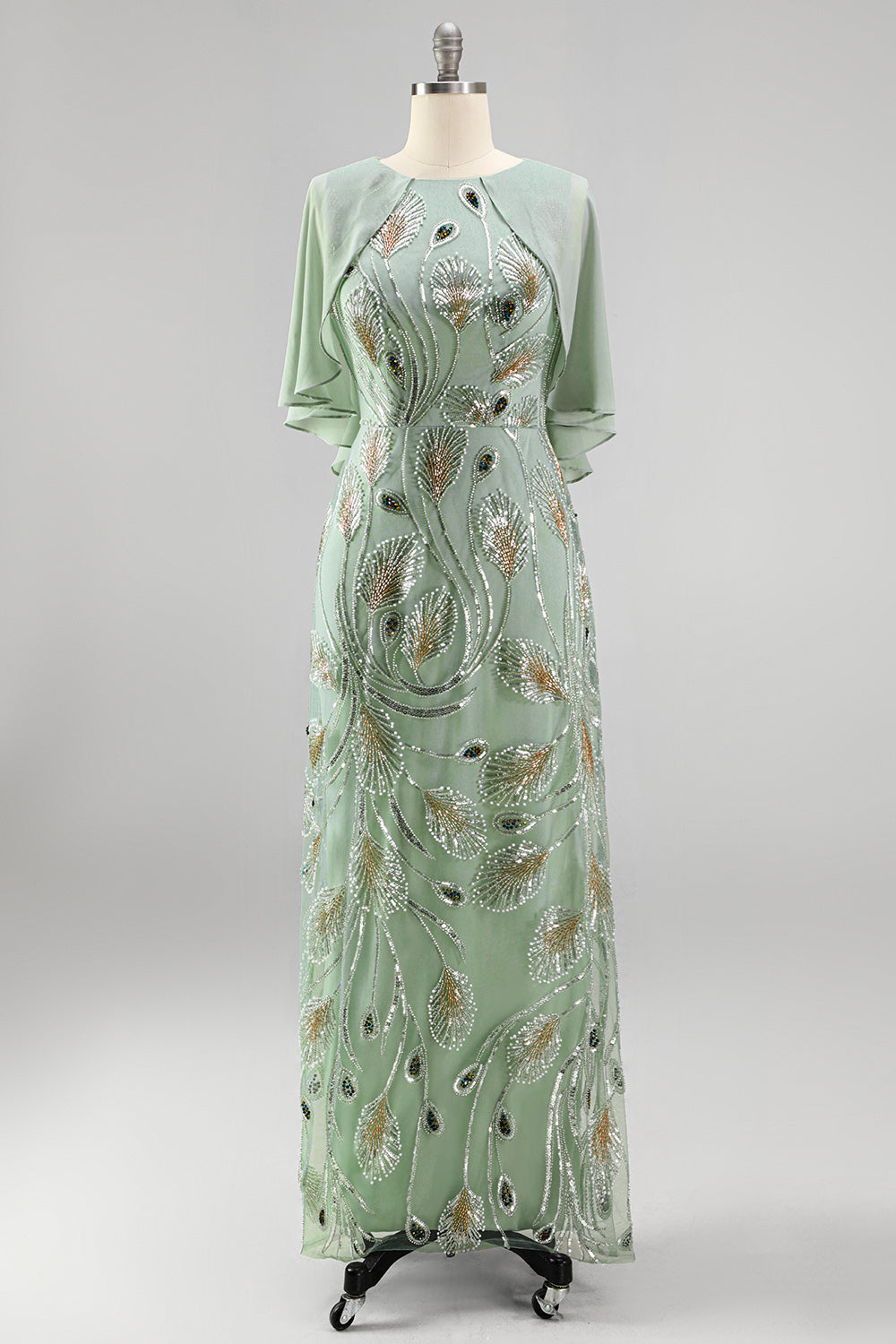 Sparkly Floral Green Boat Neck Long Mother of the Bride Dress with Cape