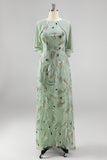 Sparkly Floral Green Boat Neck Long Mother of the Bride Dress with Cape
