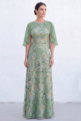 Sparkly Floral Green Boat Neck Long Mother of the Bride Dress with Cape