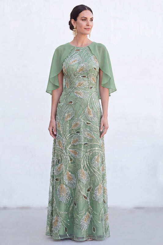 Sparkly Floral Green Boat Neck Long Mother of the Bride Dress with Cape