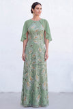 Sparkly Floral Green Boat Neck Long Mother of the Bride Dress with Cape