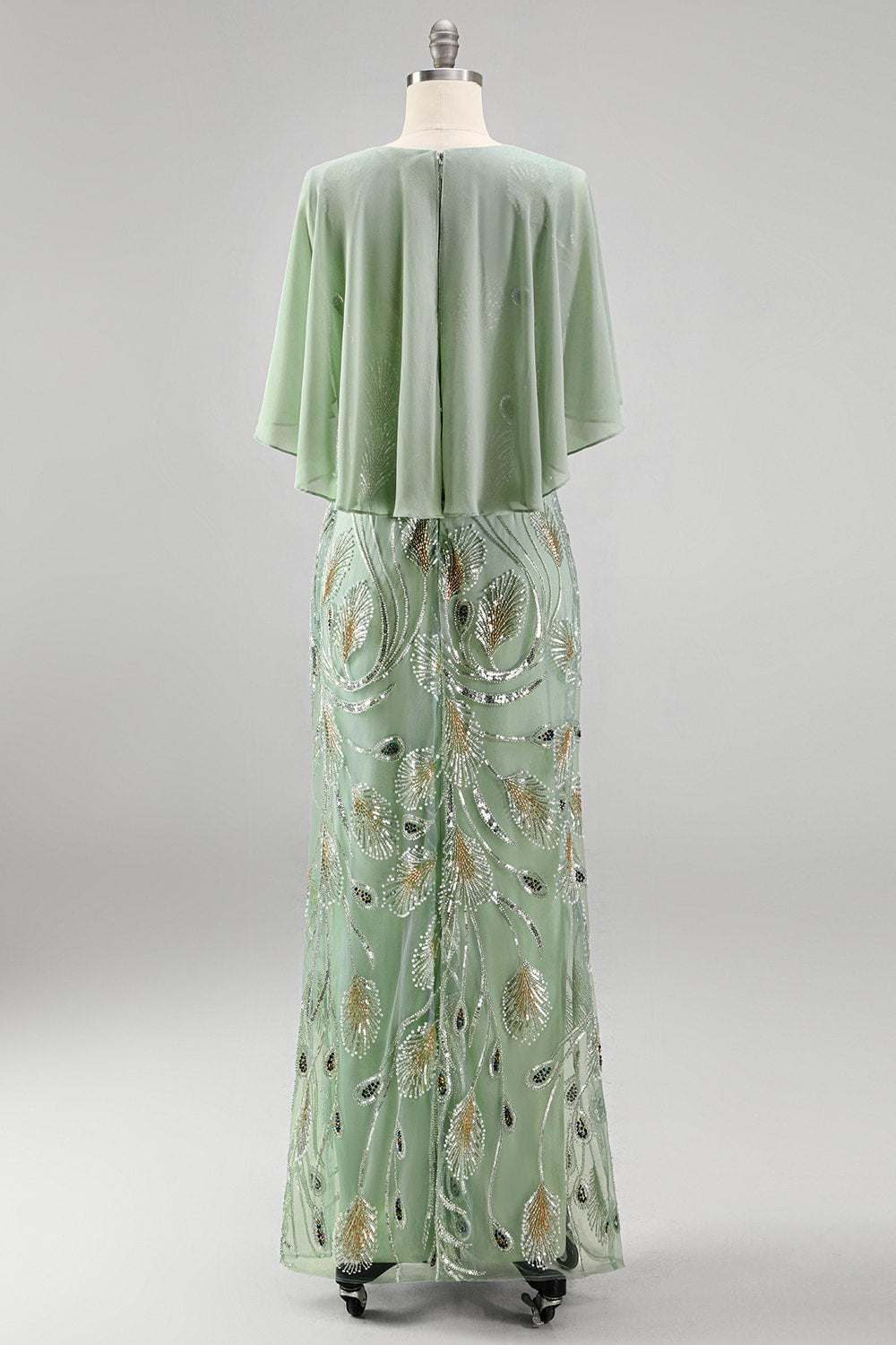Sparkly Floral Green Boat Neck Long Mother of the Bride Dress with Cape