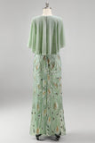 Sparkly Floral Green Boat Neck Long Mother of the Bride Dress with Cape