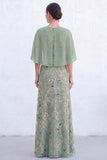 Sparkly Floral Green Boat Neck Long Mother of the Bride Dress with Cape