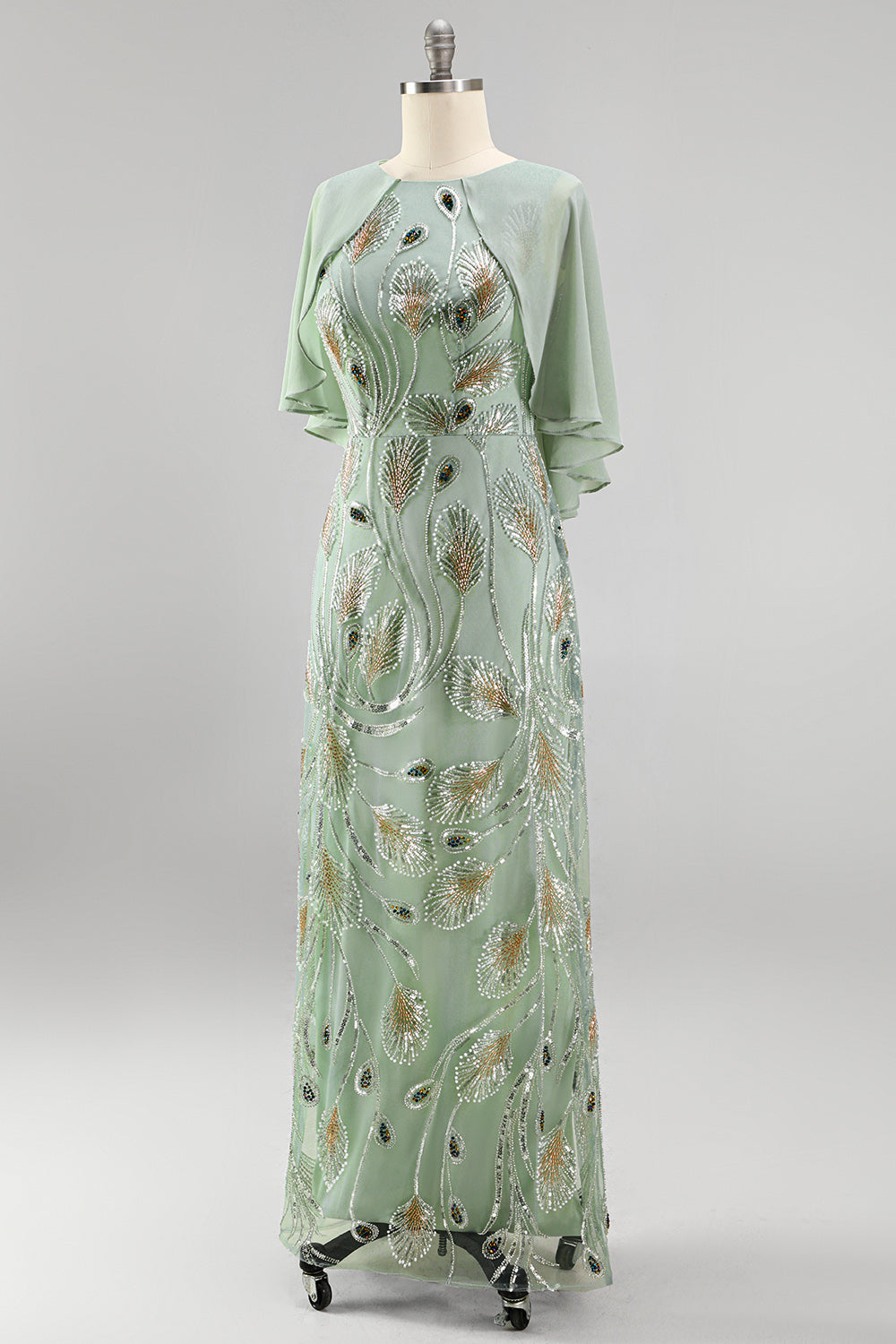 Sparkly Floral Green Boat Neck Long Mother of the Bride Dress with Cape