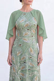 Sparkly Floral Green Boat Neck Long Mother of the Bride Dress with Cape
