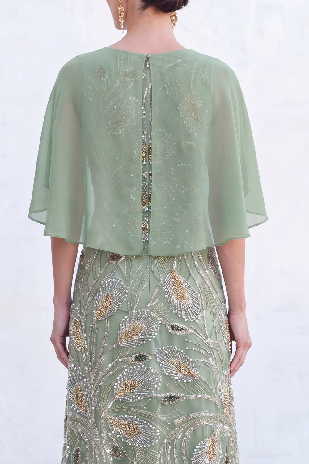 Sparkly Floral Green Boat Neck Long Mother of the Bride Dress with Cape