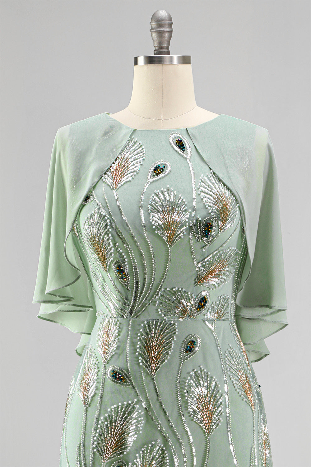Sparkly Floral Green Boat Neck Long Mother of the Bride Dress with Cape