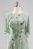 Sparkly Floral Green Boat Neck Long Mother of the Bride Dress with Cape
