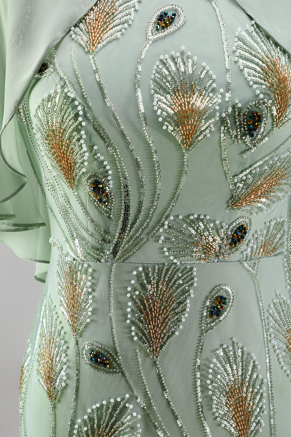Sparkly Floral Green Boat Neck Long Mother of the Bride Dress with Cape