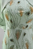 Sparkly Floral Green Boat Neck Long Mother of the Bride Dress with Cape