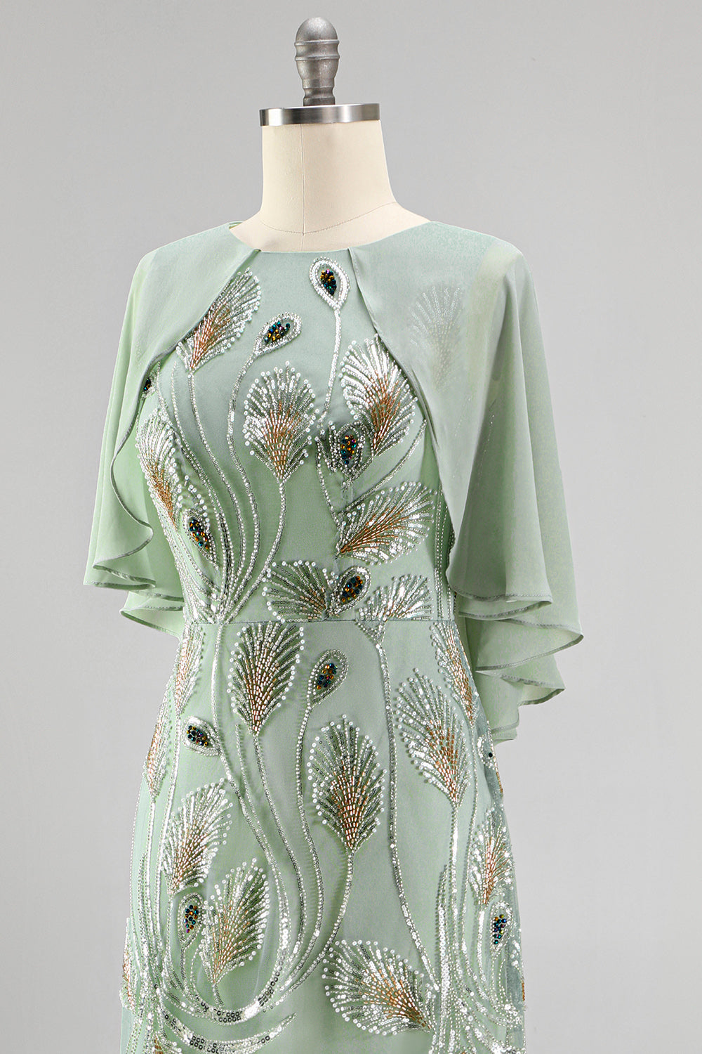 Sparkly Floral Green Boat Neck Long Mother of the Bride Dress with Cape