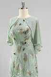 Sparkly Floral Green Boat Neck Long Mother of the Bride Dress with Cape