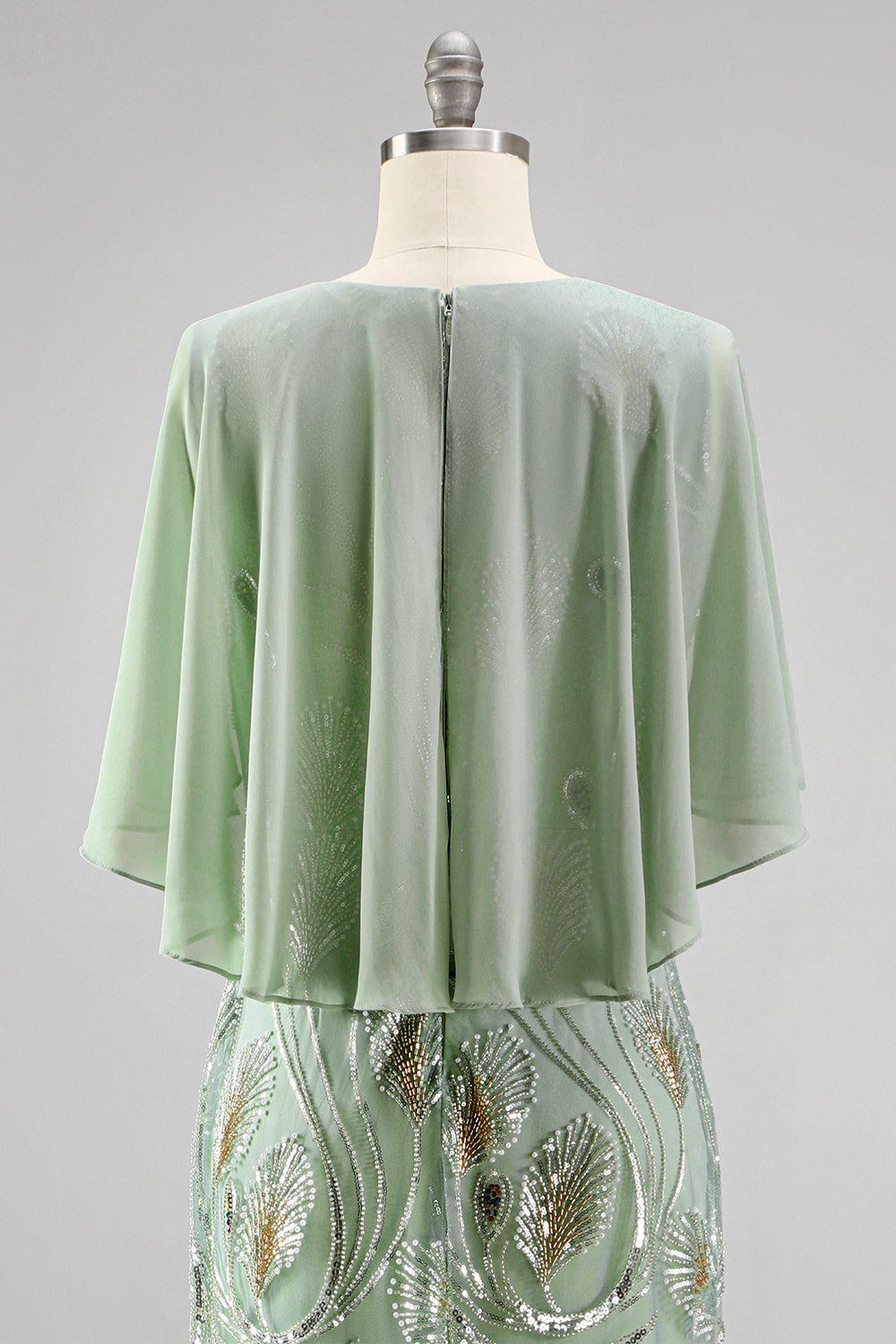 Sparkly Floral Green Boat Neck Long Mother of the Bride Dress with Cape
