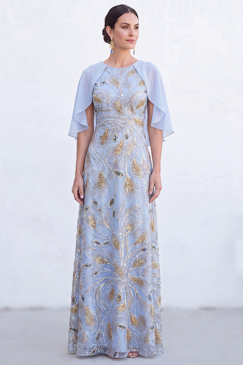 Sparkly Floral Green Boat Neck Long Mother of the Bride Dress with Cape