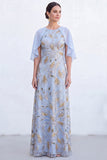 Sparkly Floral Green Boat Neck Long Mother of the Bride Dress with Cape