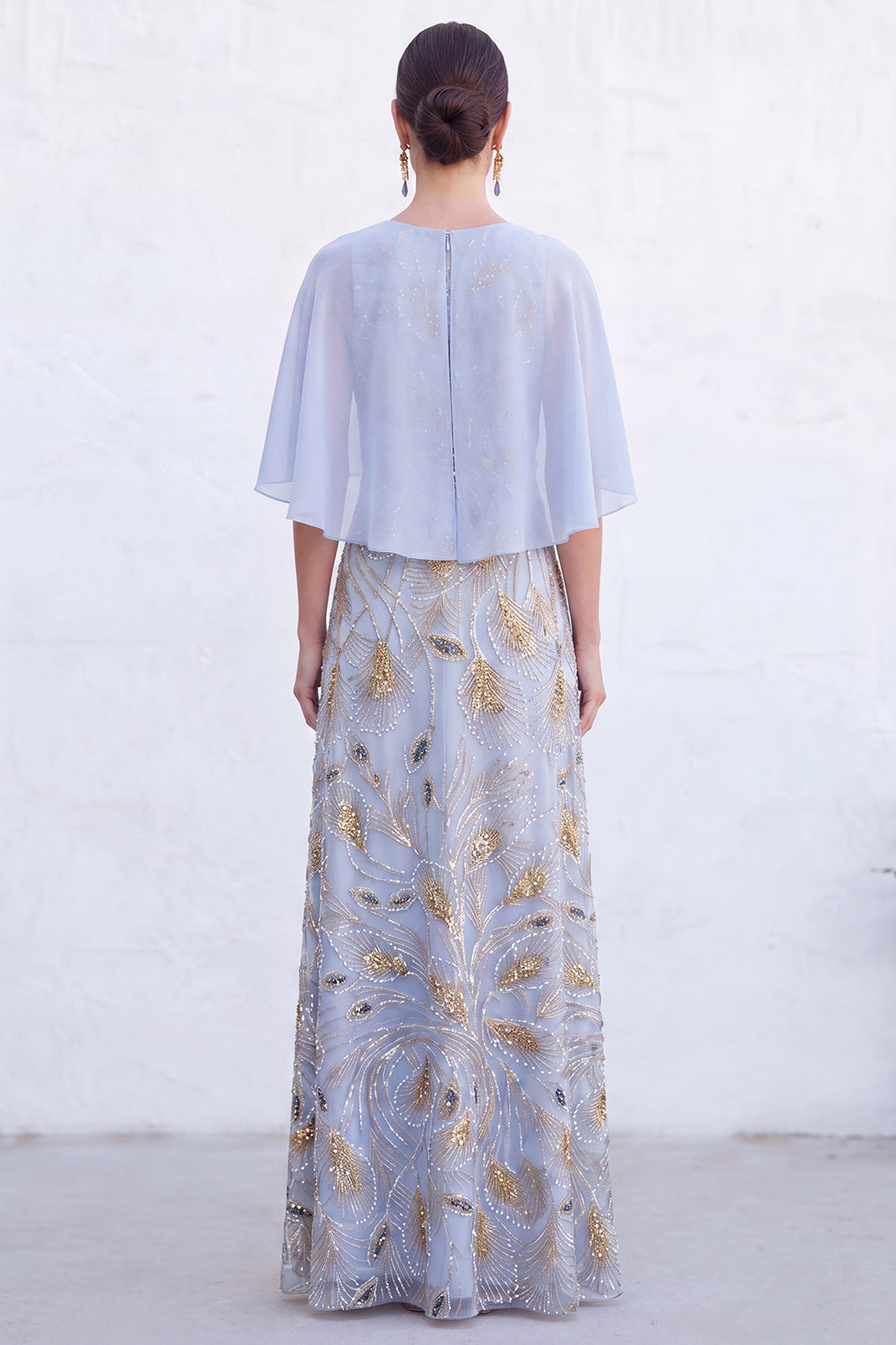 Sparkly Floral Green Boat Neck Long Mother of the Bride Dress with Cape