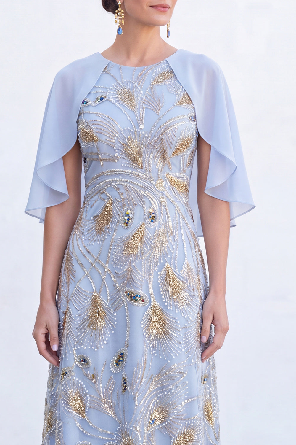 Sparkly Floral Green Boat Neck Long Mother of the Bride Dress with Cape