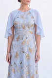 Sparkly Floral Green Boat Neck Long Mother of the Bride Dress with Cape