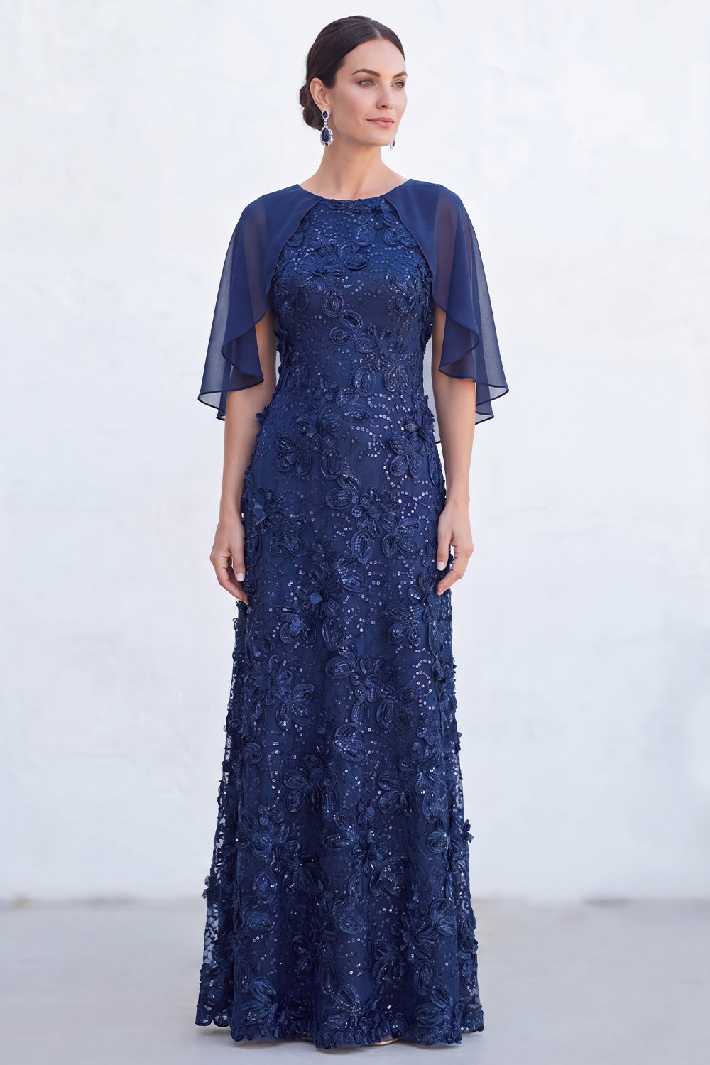 Sparkly Floral Green Boat Neck Long Mother of the Bride Dress with Cape