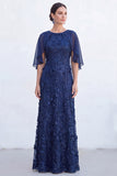 Sparkly Floral Green Boat Neck Long Mother of the Bride Dress with Cape