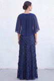 Sparkly Floral Green Boat Neck Long Mother of the Bride Dress with Cape