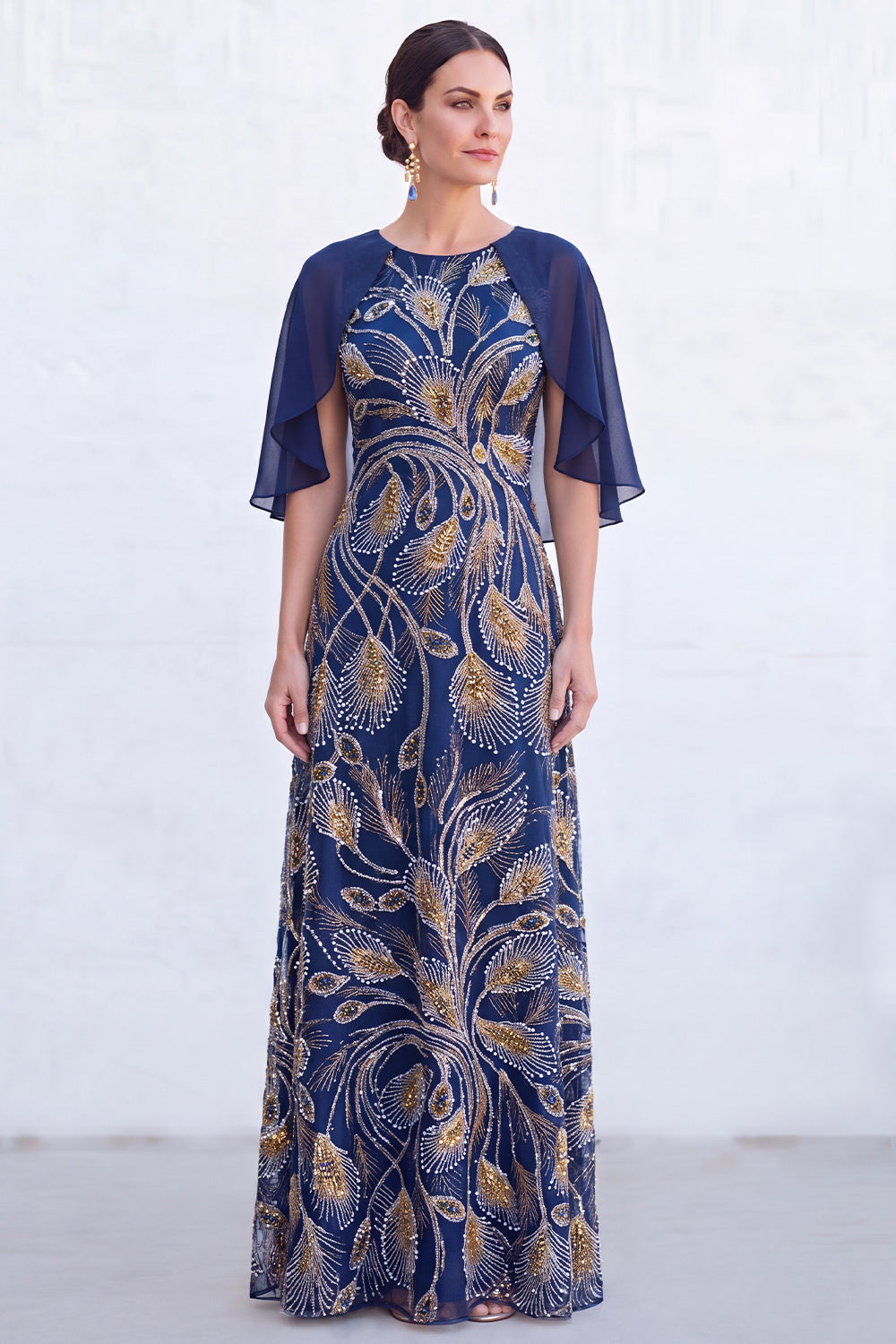 Sparkly Floral Green Boat Neck Long Mother of the Bride Dress with Cape