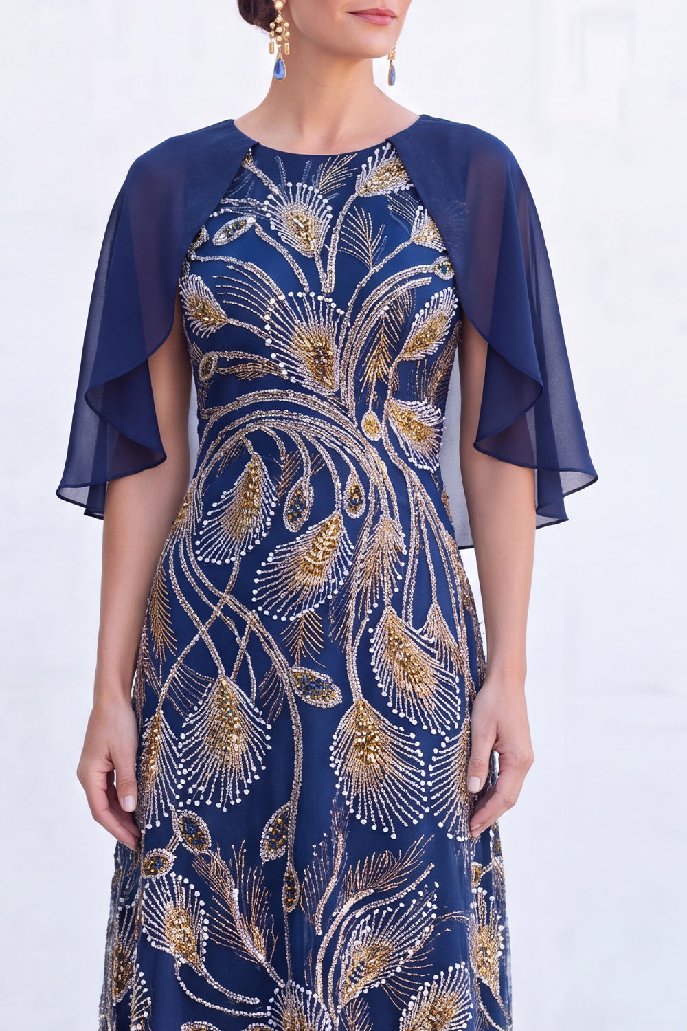 Sparkly Floral Green Boat Neck Long Mother of the Bride Dress with Cape
