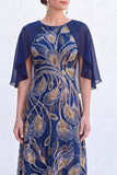 Sparkly Floral Green Boat Neck Long Mother of the Bride Dress with Cape