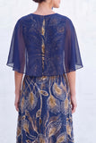 Sparkly Floral Green Boat Neck Long Mother of the Bride Dress with Cape