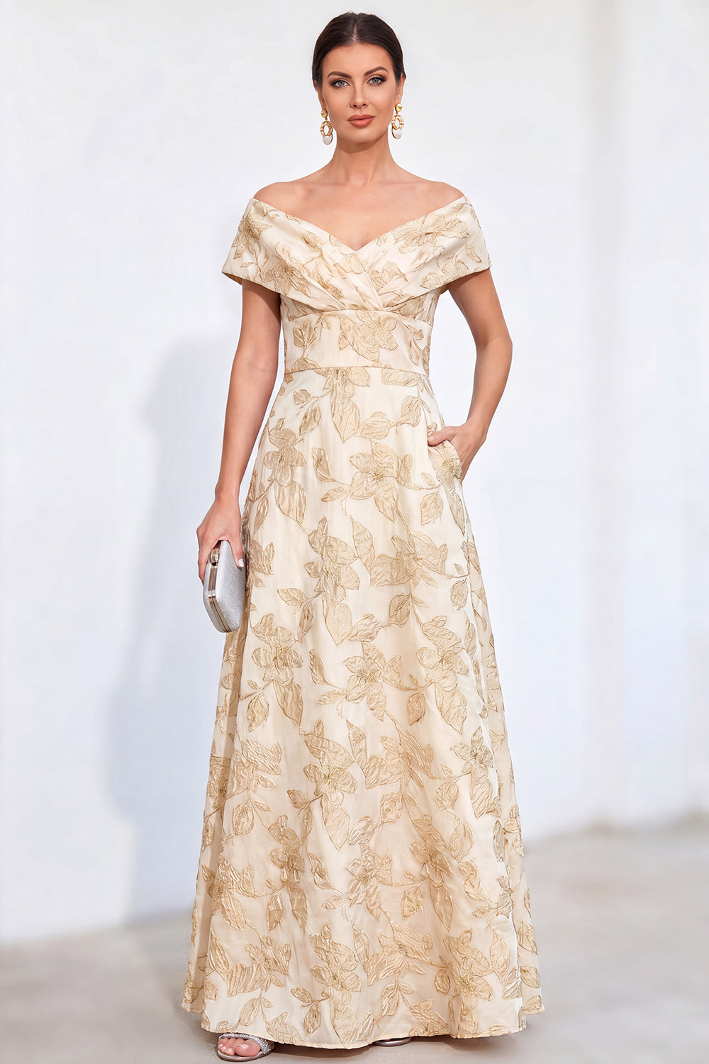 Jacquard Golden Off The Shoulder Long Mother of the Bride Dress with Pockets