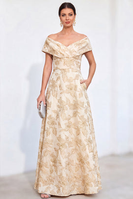 Jacquard Golden Off The Shoulder Long Mother of the Bride Dress with Pockets