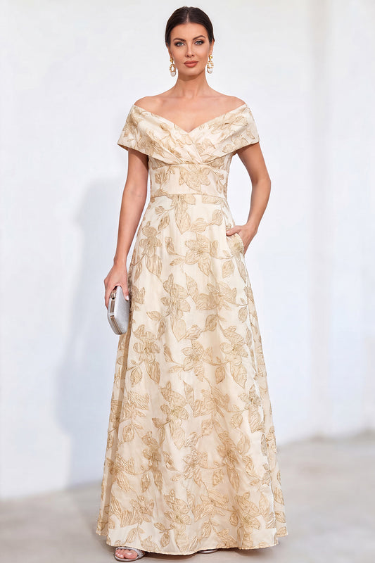 Jacquard Golden Off The Shoulder Long Mother of the Bride Dress with Pockets