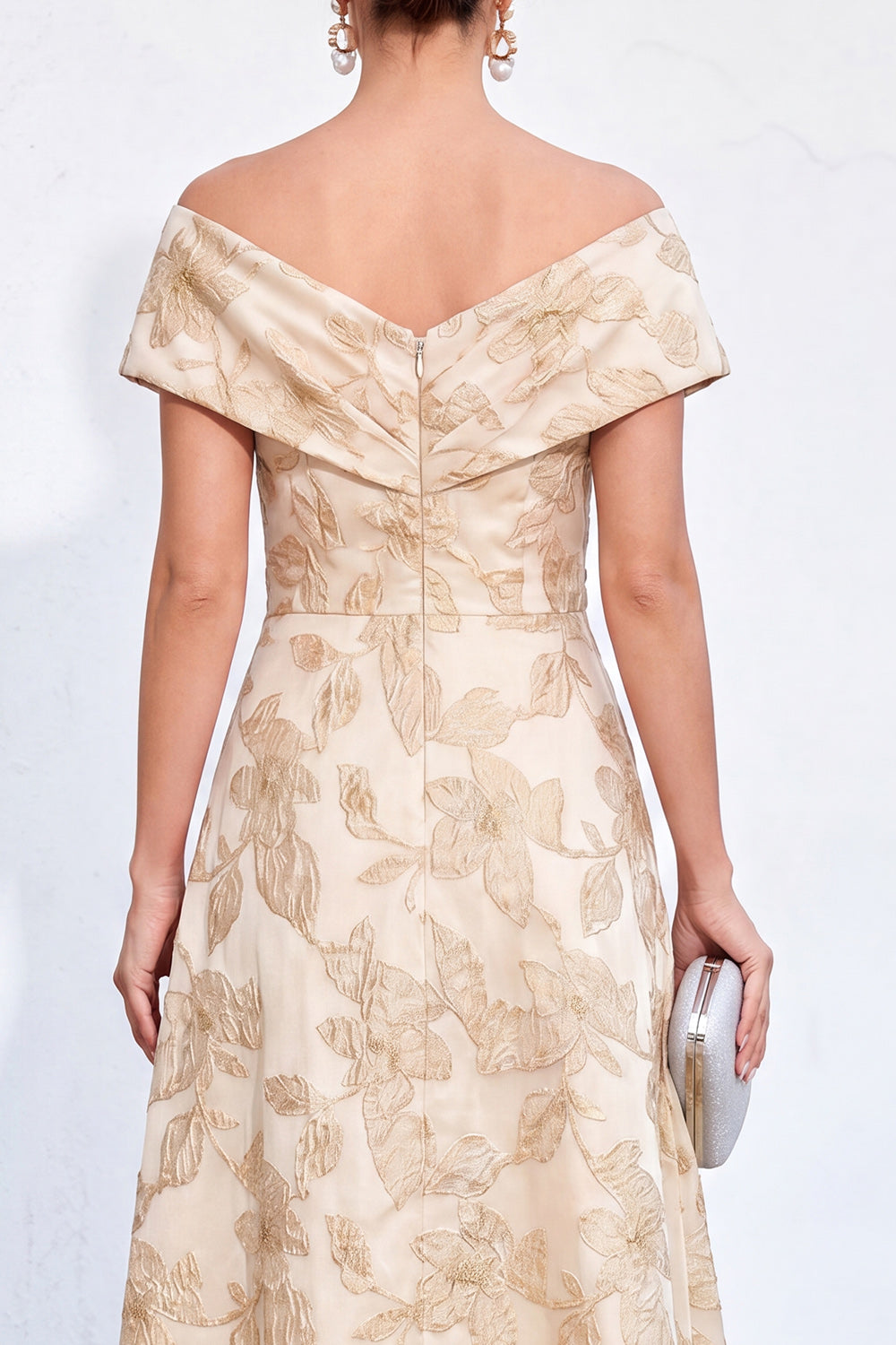 Jacquard Golden Off The Shoulder Long Mother of the Bride Dress with Pockets