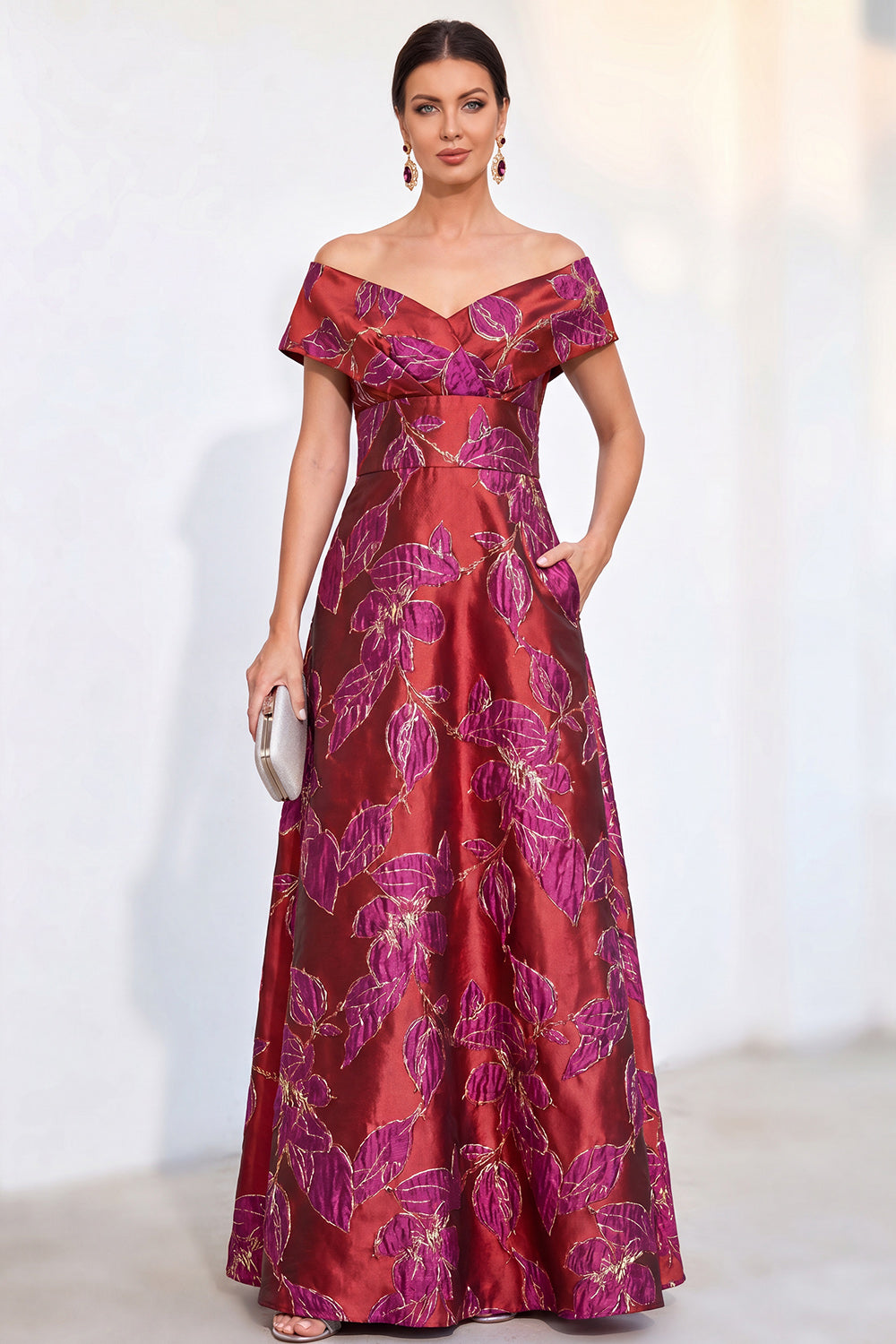 Jacquard Golden Off The Shoulder Long Mother of the Bride Dress with Pockets